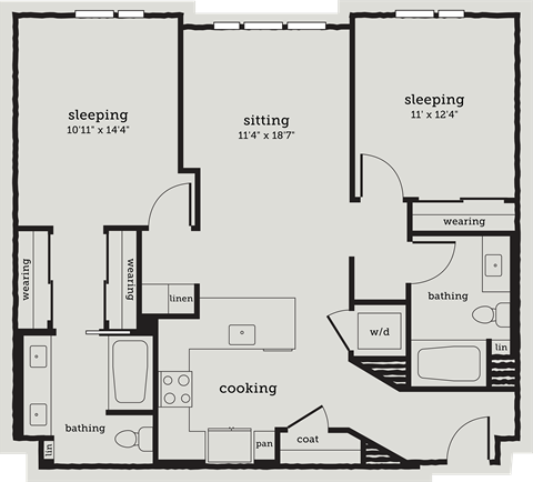 Floor plan for 2 beds, 2 baths, 1107 sqft